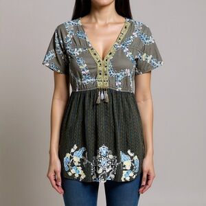 Free People Embroidered V-Neck Blouse in Gray and Blue